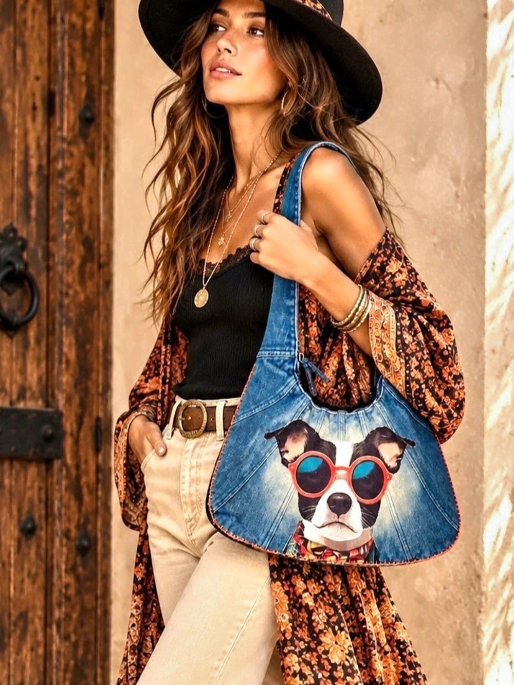 OOAK Reworked Denim Hobo Bag Dog Graphic Hand Stitched Shoulder Purse NWT